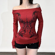 Retro Punk Off-Shoulder Long-Sleeve Slim T-Shirt