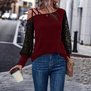 Women's Lace-Panel Long-Sleeve Red T-Shirt