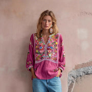 Women's Printed Linen Long-Sleeve Casual Shirt Top