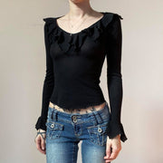 Women's Long-Sleeve Lotus-Leaf Fitted Top