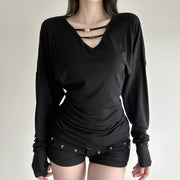 V-Neck Beaded Ruffled Slimming Top