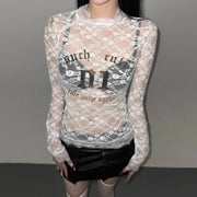 Lace Print Patchwork Crew-Neck Long-Sleeve Slim T-Shirt