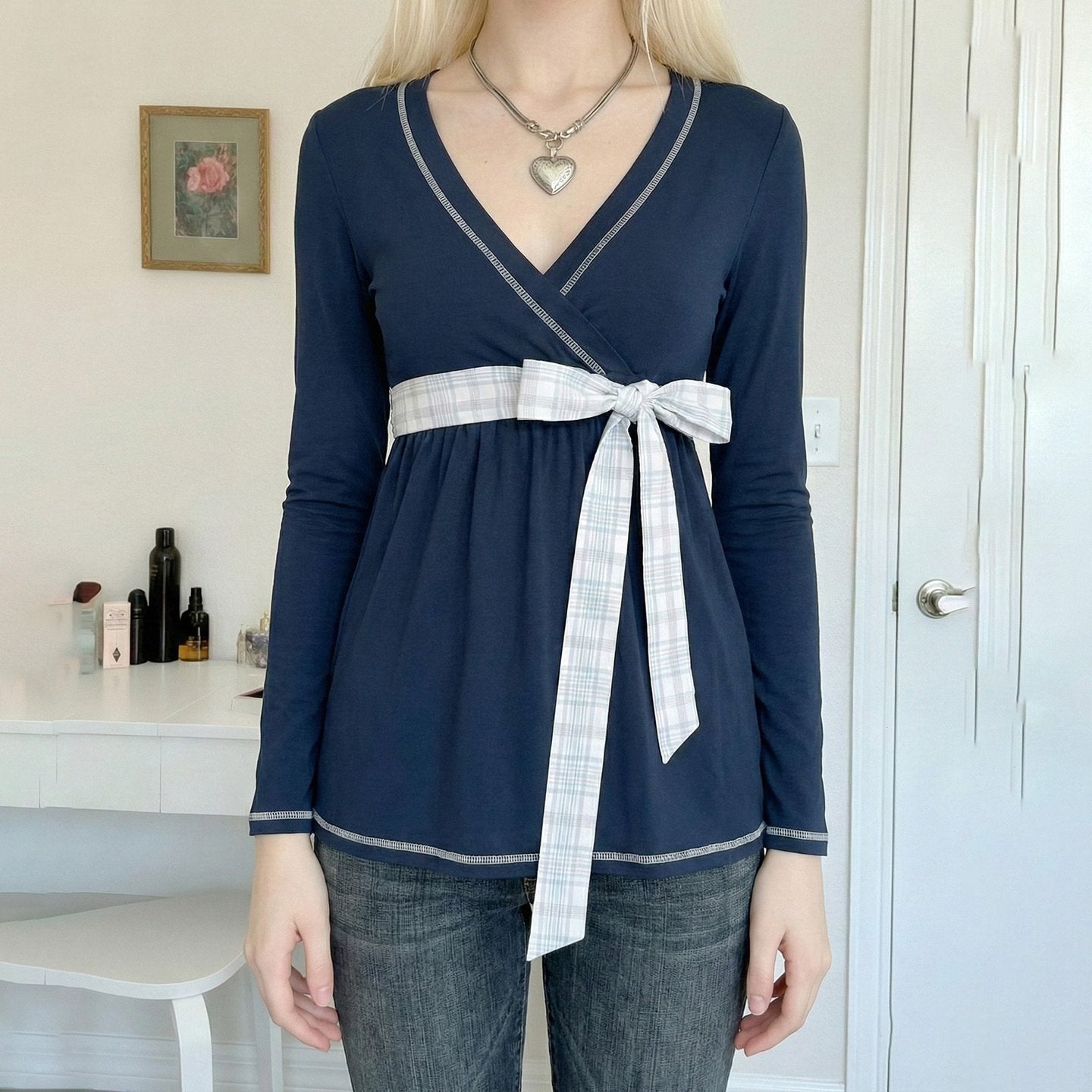 Plaid Bow-Tie Slim Fit Cinched Waist Top