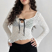Lace Bow-Knot Crew-Neck Long-Sleeve Tee