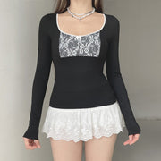Contrast Lace Slim-Fit Long Sleeve T-Shirt