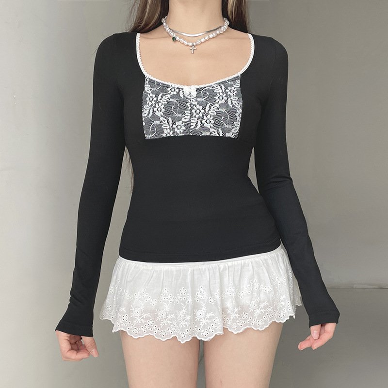 Contrast Lace Slim-Fit Long Sleeve T-Shirt