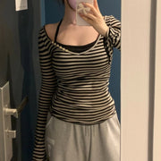 Striped Halter V-Neck Slim Long-Sleeve Top