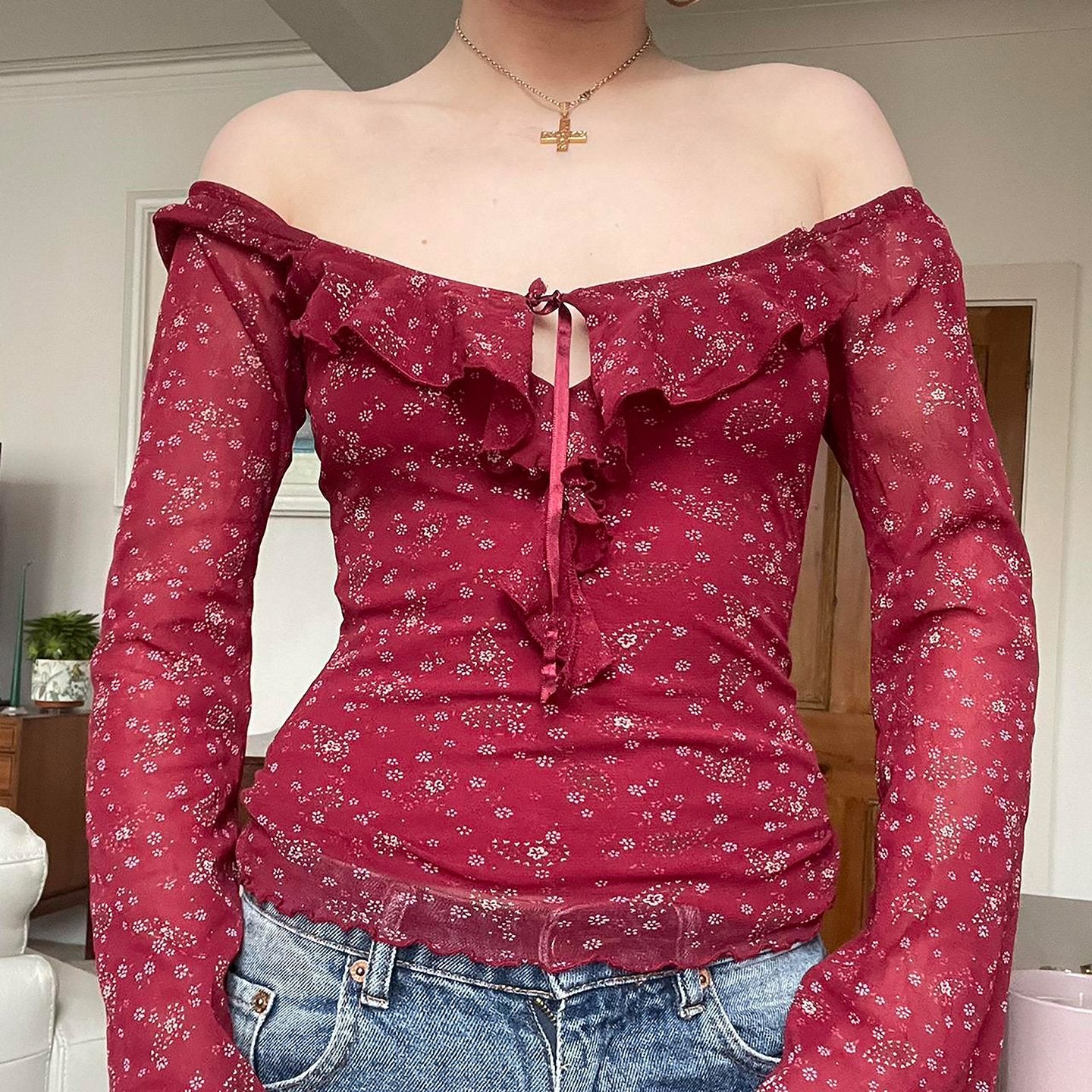 French Floral Jacquard Ruffled Square-Neck Long-Sleeve Top