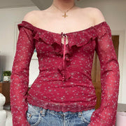 French Floral Jacquard Ruffled Square-Neck Long-Sleeve Top