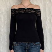 Sexy Off-the-Shoulder Lace-Panel Long-Sleeve Top