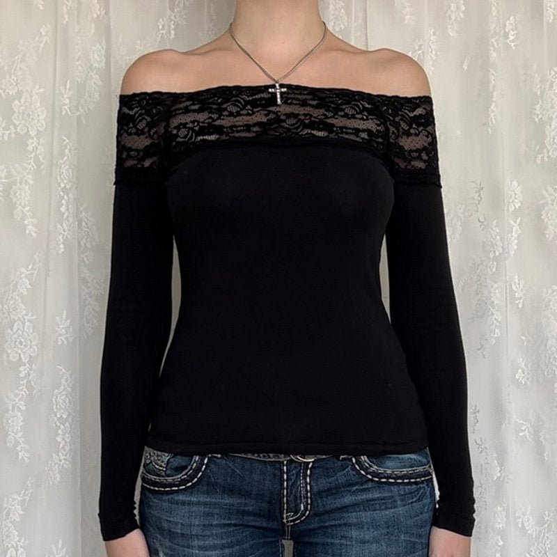 Sexy Off-the-Shoulder Lace-Panel Long-Sleeve Top