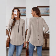 Ribbed Button-Detail Long Sleeve Crew Neck Tee