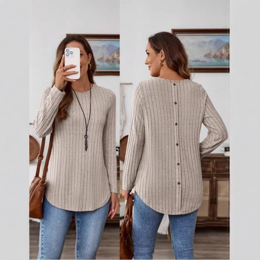 Ribbed Button-Detail Long Sleeve Crew Neck Tee