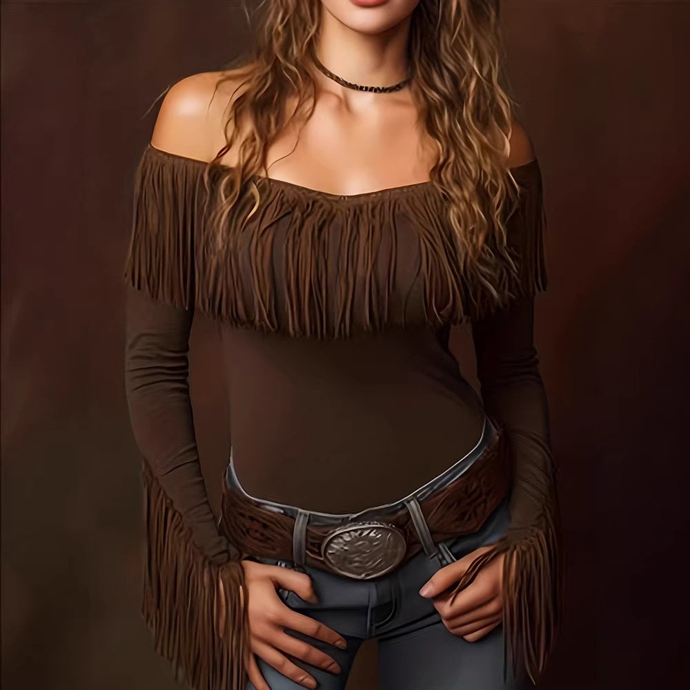 Sexy Vintage Long-Sleeve Fringed Slim-Fit Top
