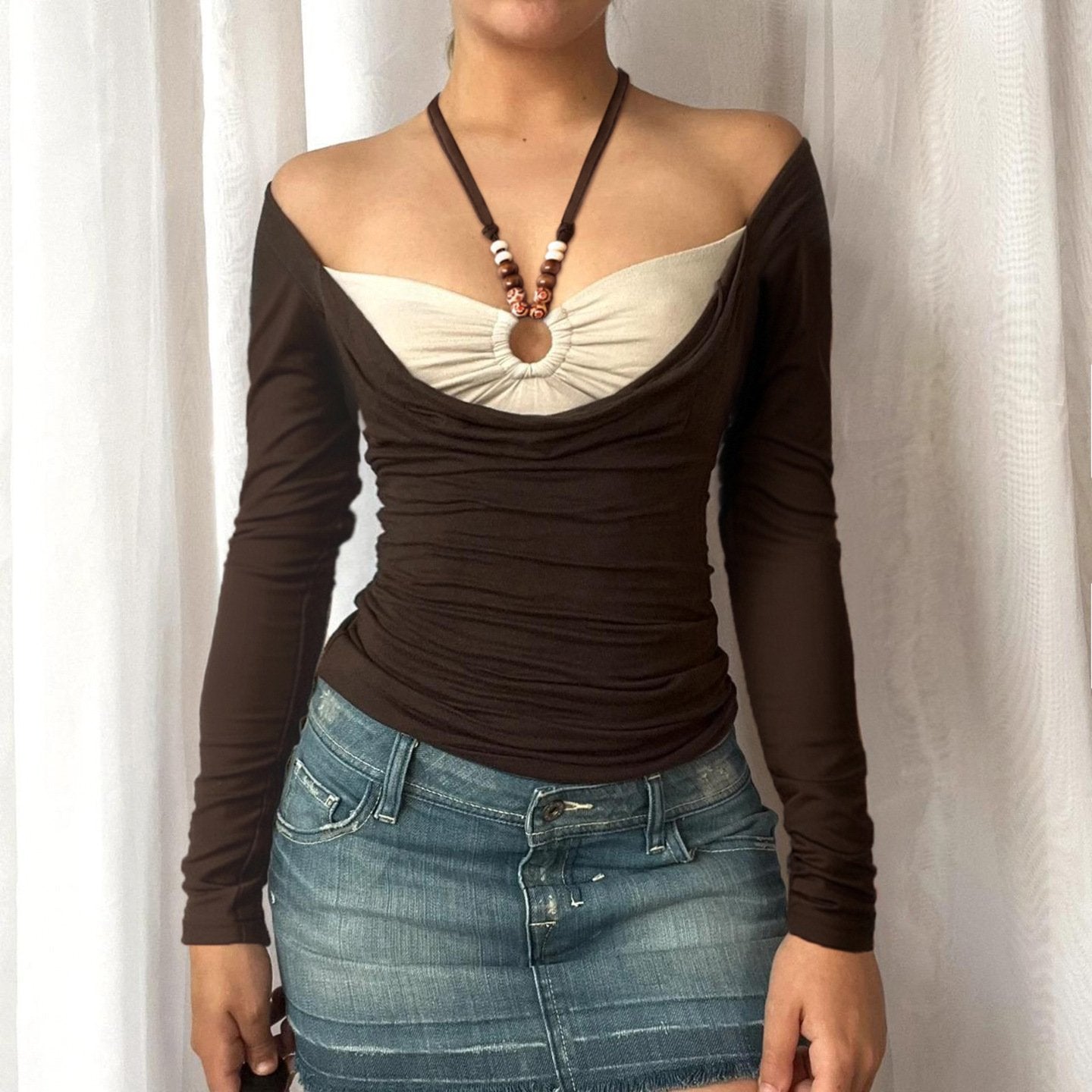 Retro Minimalist Slim-Fit Long-Sleeve Top for Women