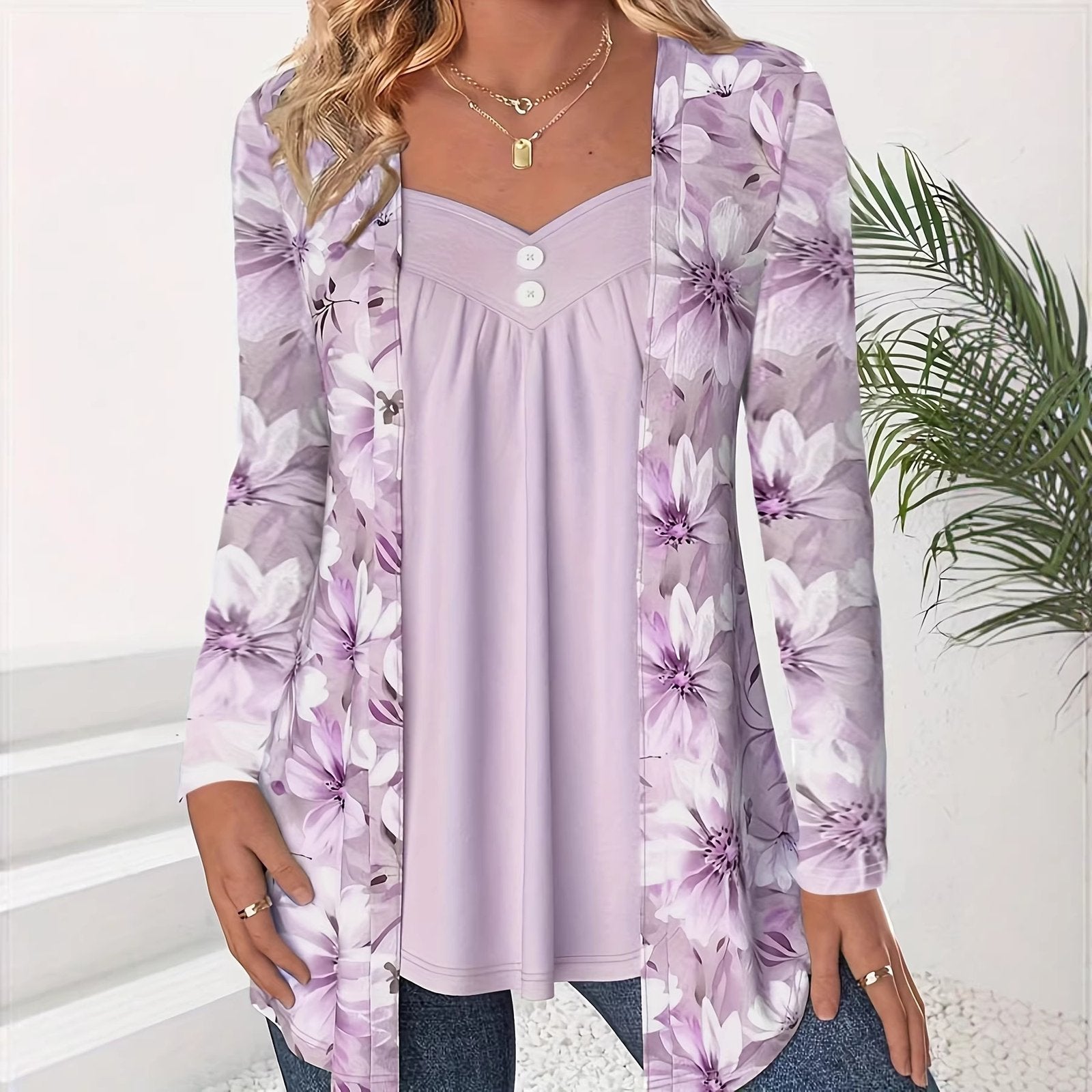 Chic Two-in-One Printed Long-Sleeve Button Top