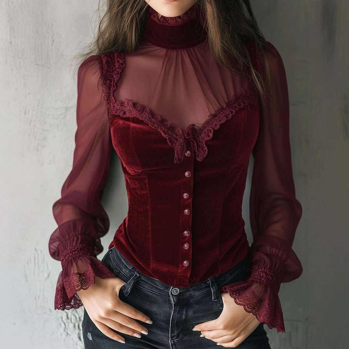 Elegant Black Lace Mesh Long-Sleeve Floral Top