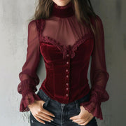 Elegant Black Lace Mesh Long-Sleeve Floral Top