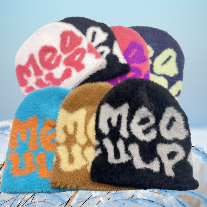 Warm Jacquard Beanie Letter Knit Hat for Women Men