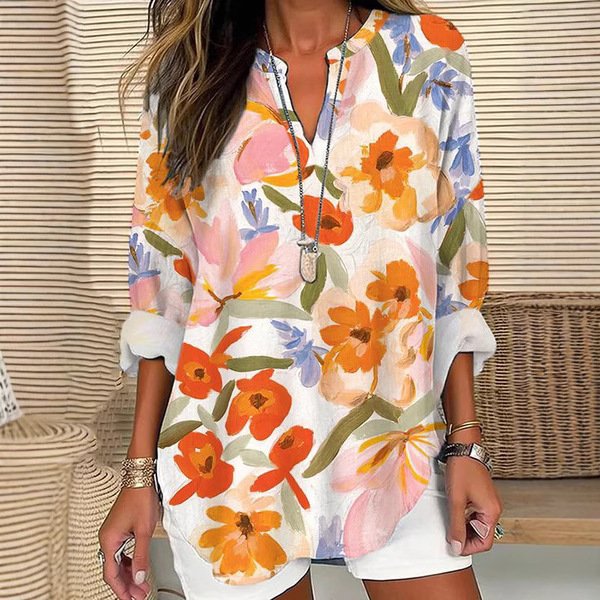 Women's 3D Floral V-Neck Loose Long-Sleeve Shirt