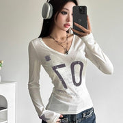 Color-Block V-Neck Long-Sleeve Letter Print Tee