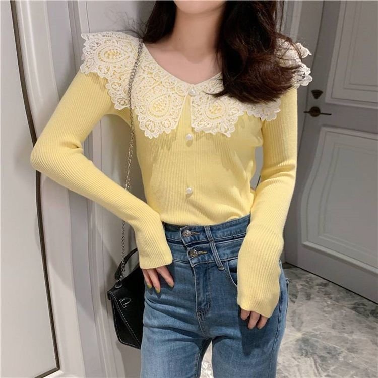Korean Elegant Lace Panel Pullover Slim Top