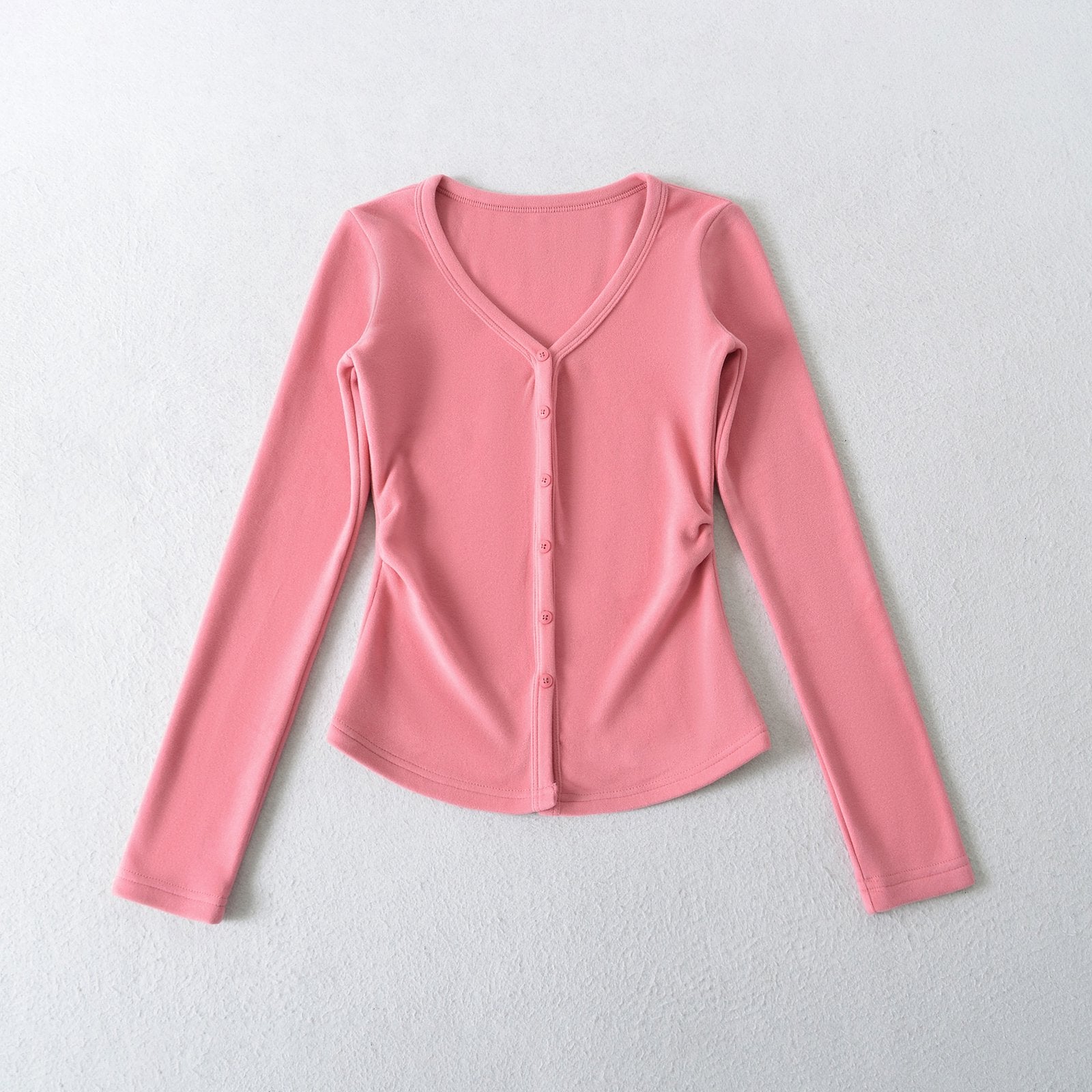 Macaron V-Neck Slim Fit Button-Front Long Sleeve Top