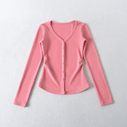 Macaron V-Neck Slim Fit Button-Front Long Sleeve Top