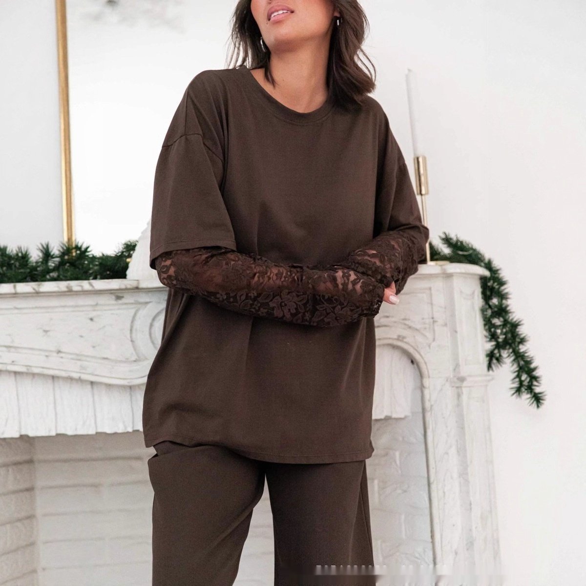 Chic Lace-Panel Long-Sleeve Casual Commuter Top