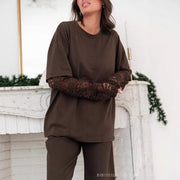 Chic Lace-Panel Long-Sleeve Casual Commuter Top