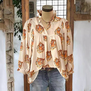 Womens V-Neck Puffed Sleeve Loose Top