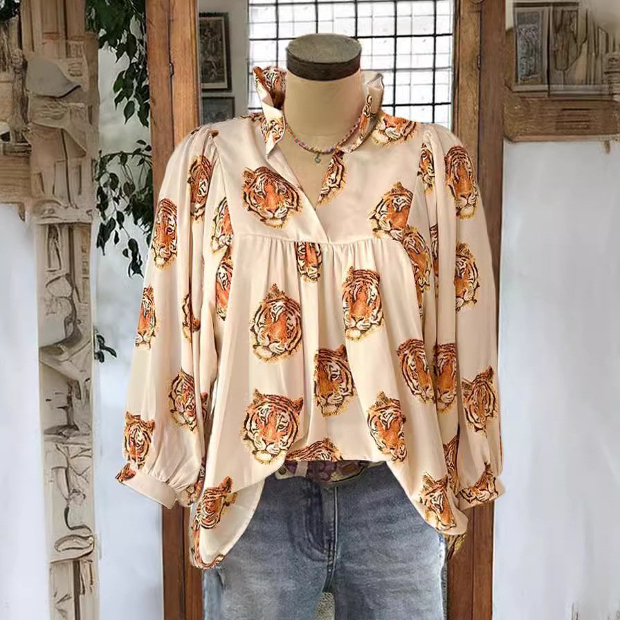 Womens V-Neck Puffed Sleeve Loose Top