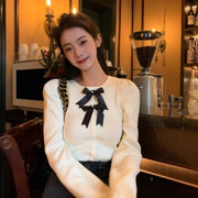 French Chic Bow-Detail Crew-Neck Pullover Sweater