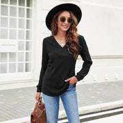 Ribbed V-Neck Pullover Hoodie for Women