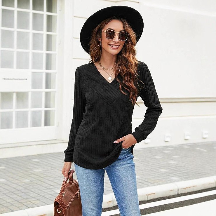 Ribbed V-Neck Pullover Hoodie for Women