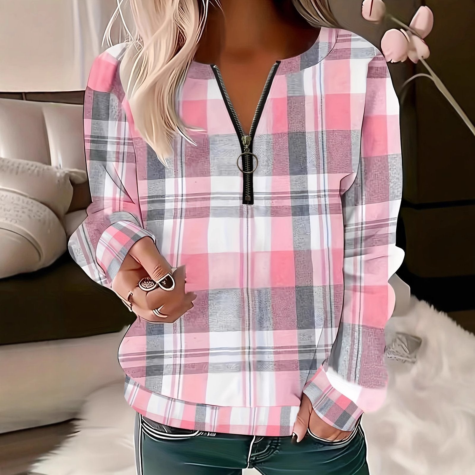 Womens Autumn Plaid Half-Zip Hoodie