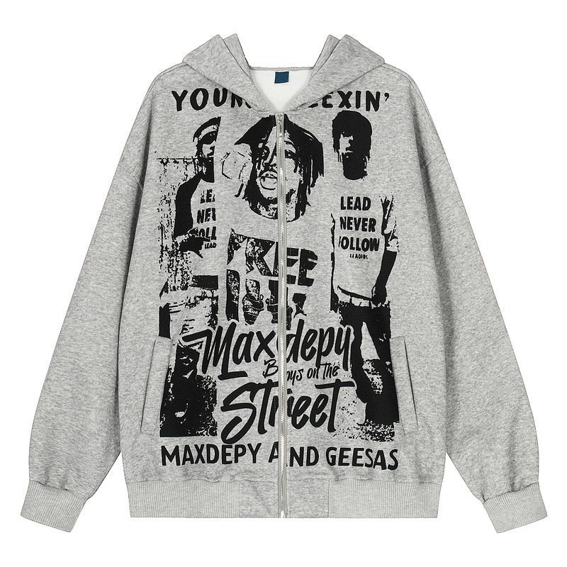 Vintage-Style Hooded Cardigan Jacket for Women - Loose Fit Zip-up Jacket