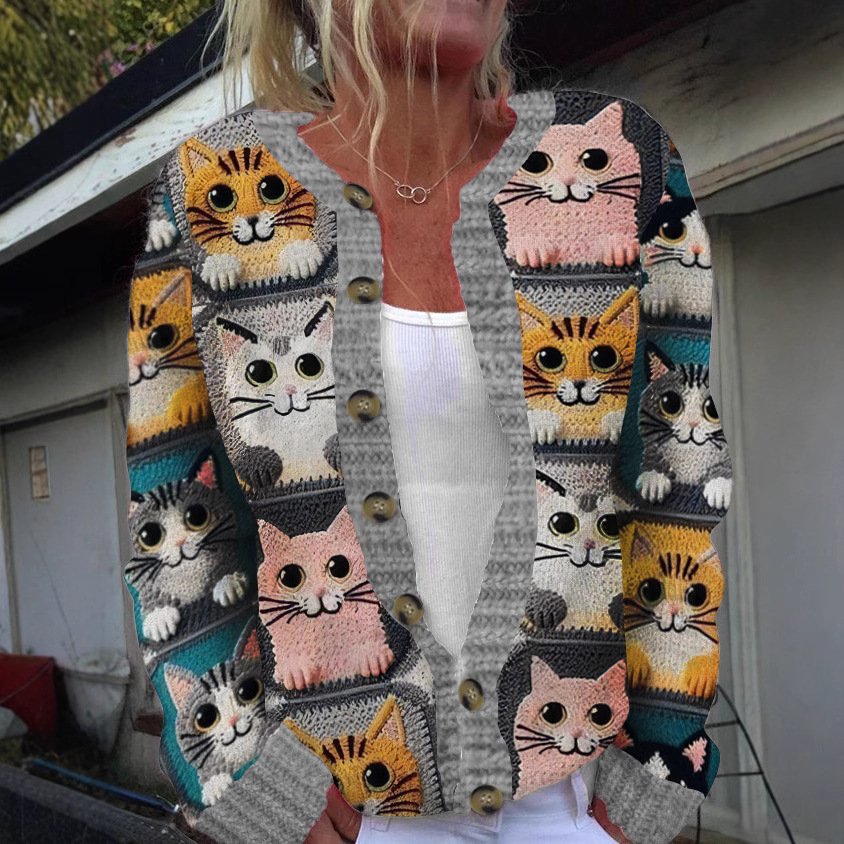 Women's 3D Digital Print Cardigan Knitted Sweater