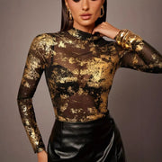 Women's Metallic Mesh Long-Sleeve Party Top