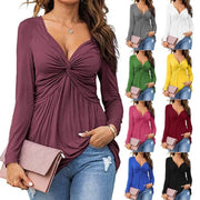 Elegant Satin V-Neck Front-Tie Long Sleeve Blouse