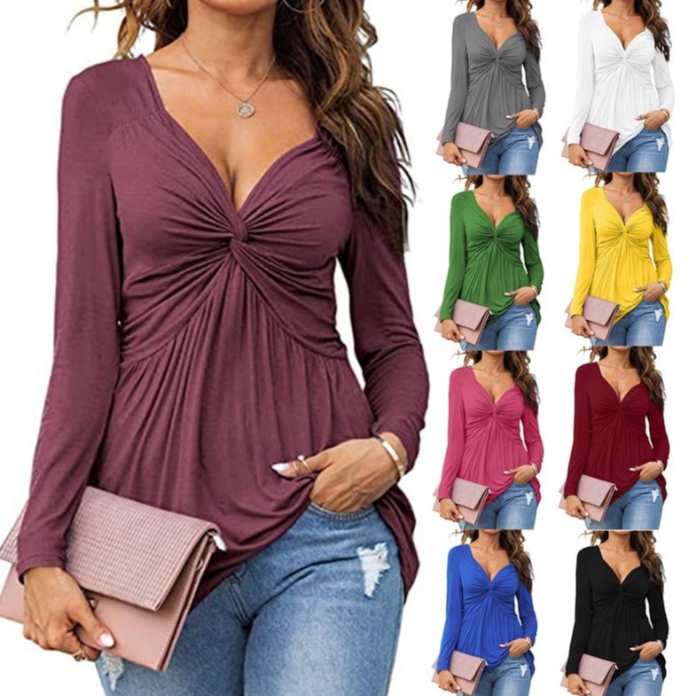 Elegant Satin V-Neck Front-Tie Long Sleeve Blouse
