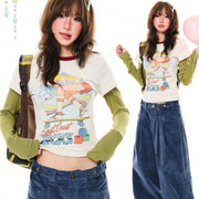 Cute Cartoon Faux Two-Piece Long Sleeve Top