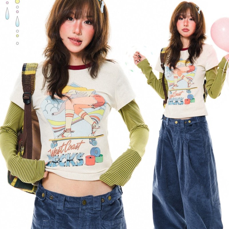 Cute Cartoon Faux Two-Piece Long Sleeve Top