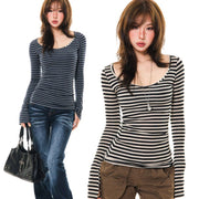 Chic Striped Long-Sleeve Slim-Fit Tee