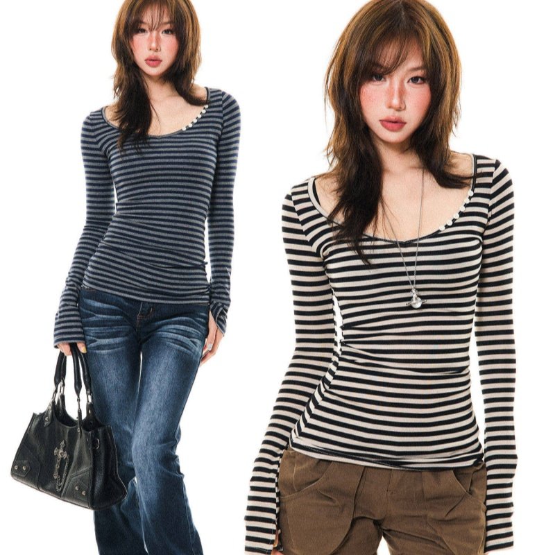 Chic Striped Long-Sleeve Slim-Fit Tee