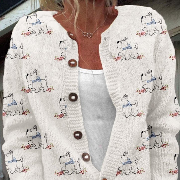 Women's 3D Print Crew-Neck Cardigan Fall Knit Outerwear