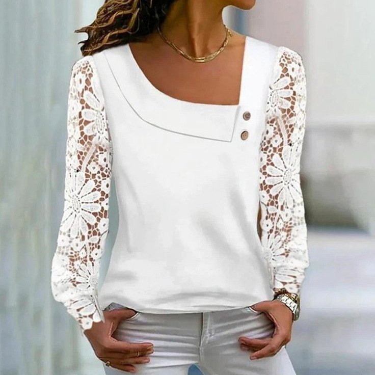 Women's Solid Lace-Patchwork Long-Sleeve Shirt