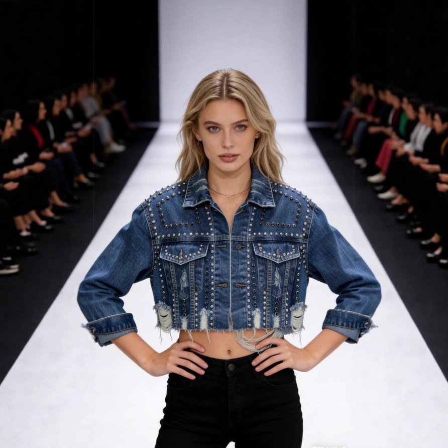 Distressed Beaded Denim Batwing Jacket
