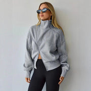 Chic Mock-neck Hoodie with Contrast Zipper Pockets