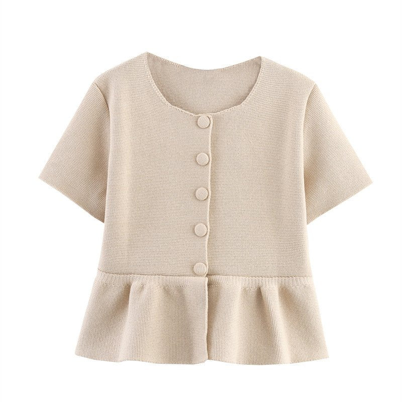Chic Short Sleeve Knit Jacket & Skirt Style Top